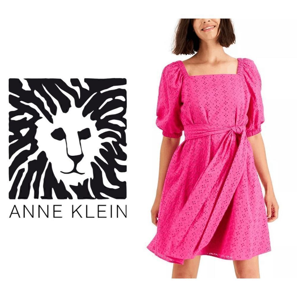 💗 NWT ANNE KLEIN Square-Neck Floral Eyelet Fit & Flare Pink Dress SIZE 8 $139